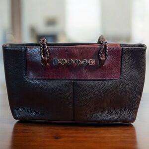 Brighton Elegant Black and Brown Leather Handbag with silver heart-link detail.‎